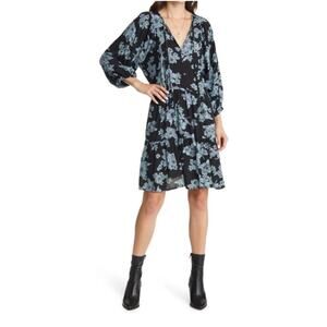 Treasure and Bond Tie Neck Shift Dress Black Blue Floral. Size XS
